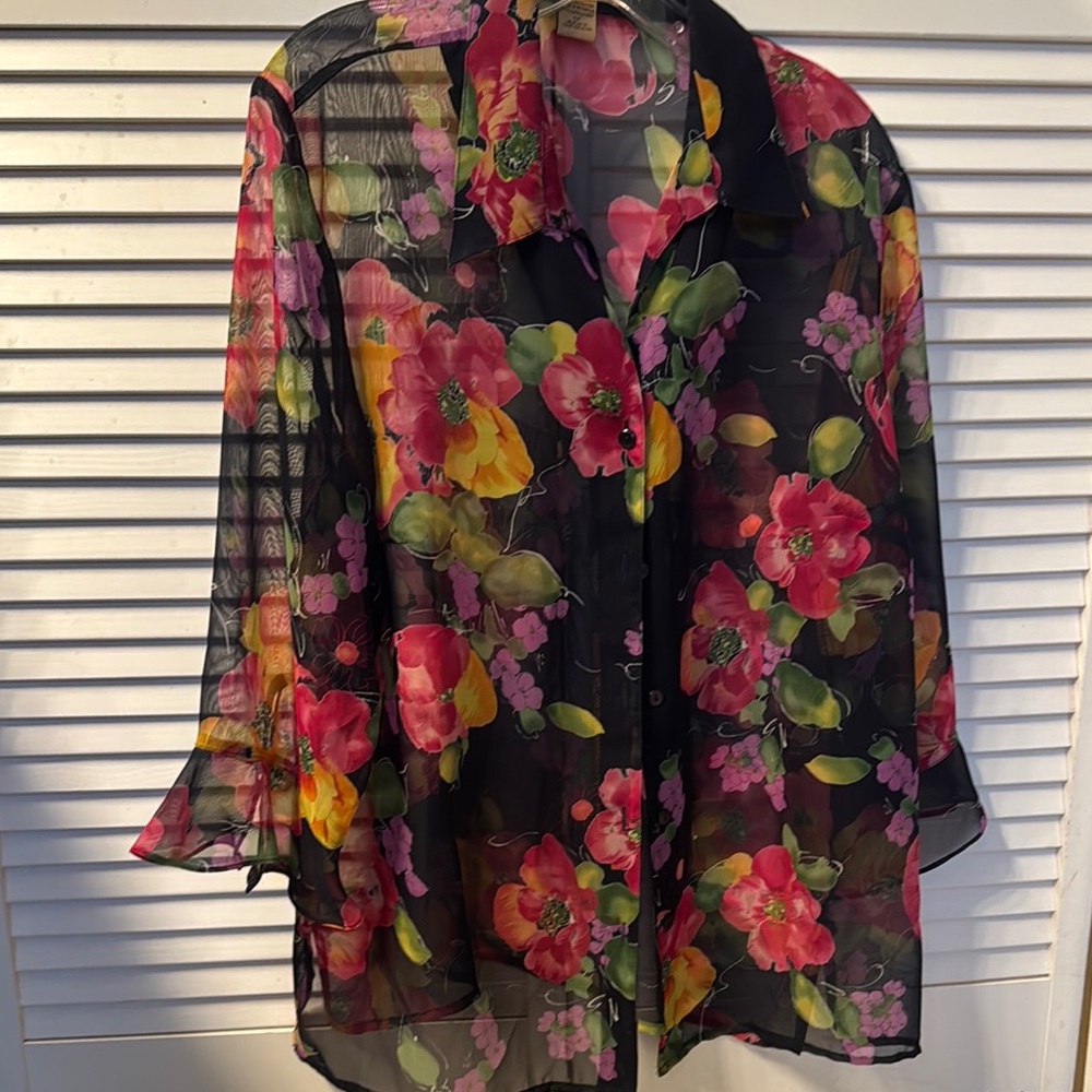 Floral Sheer Women's Top - Black with Multicolor Flowers